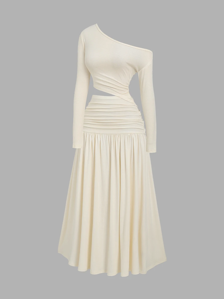 Sweetra Spring/Autumn Sexy Asymmetrical Shoulder Cut-Out Ruched Knit Long Sleeve Dress, Design With Waist Drawstring, Versatile For Vacation, Travel, Dating, Store Visiting, Daily Commute - Apricot - View 1