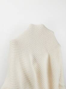 SHEIN Polo Collar Ribbed Knit Mini Dress Puff Long Sleeve Half Button Bodycon Sweater Dress - Beige - View 3