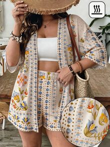 Freevana Plus Size Women's Floral Print 2 Pieces Vacation Set, Short Sleeve Shirt And Shorts Outfit - Multicolor - View 3