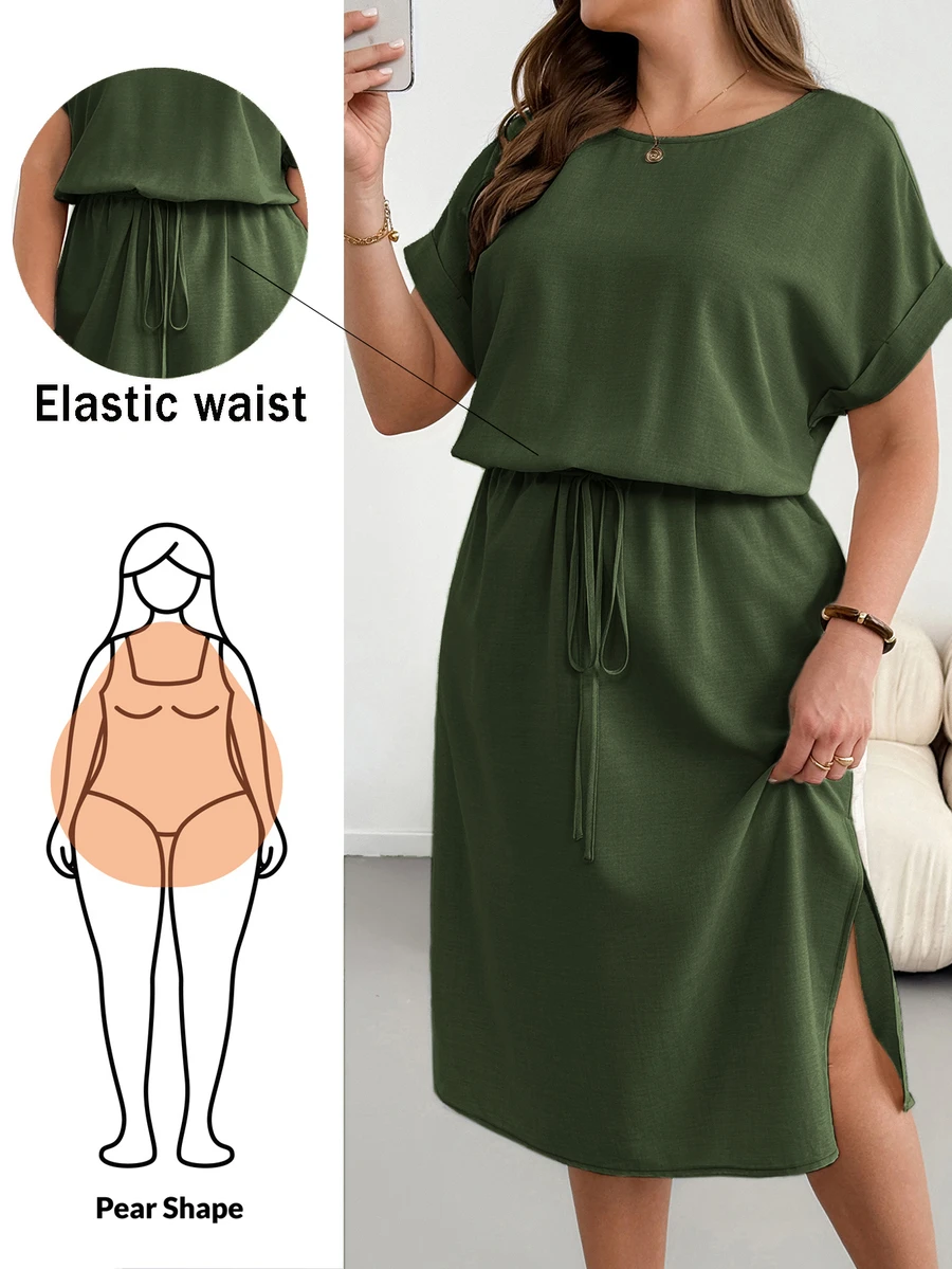 Shapeblank Plus-Size Women's Summer Fashionable Casual Loose Comfortable Everyday Slimming Midi Dress - Army Green - View 1