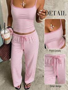 Aloruh Women's Casual Home Wear Striped Camisole & Long Pants Set - Pink - View 1
