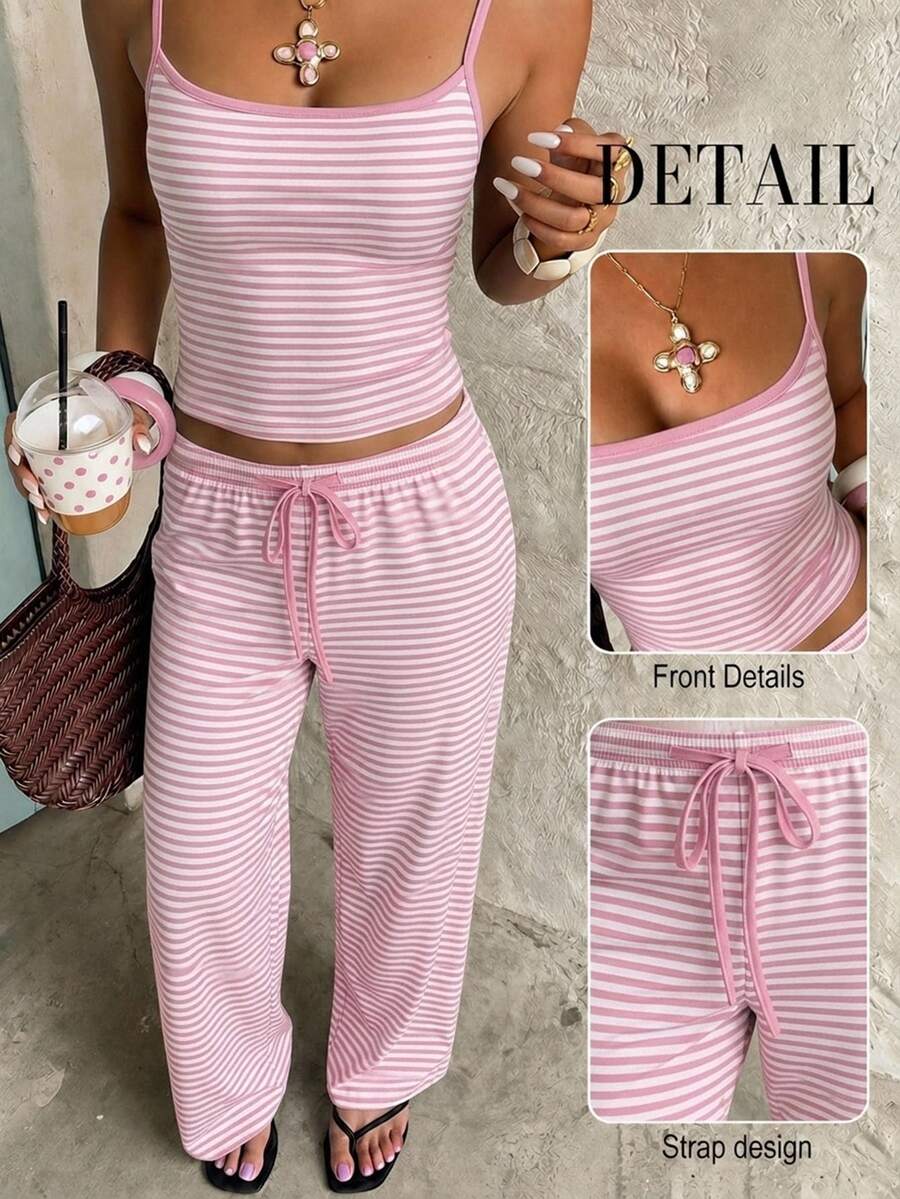 Aloruh Women's Casual Home Wear Striped Camisole & Long Pants Set - Pink - View 1