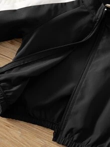 SHEIN 中性嬰兒男/女童、幼兒 2件組秋冬休閒時尚拼色拼接立領運動衫套裝、夾克套裝、嬰兒運動服、嬰兒冬季衣物 - 黑色 - 查看 5