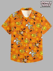 LOONEY TUNES X SHEIN Daypath Halloween Themed Men's All-Over Print Short Sleeve Shirt - Orange - View 4