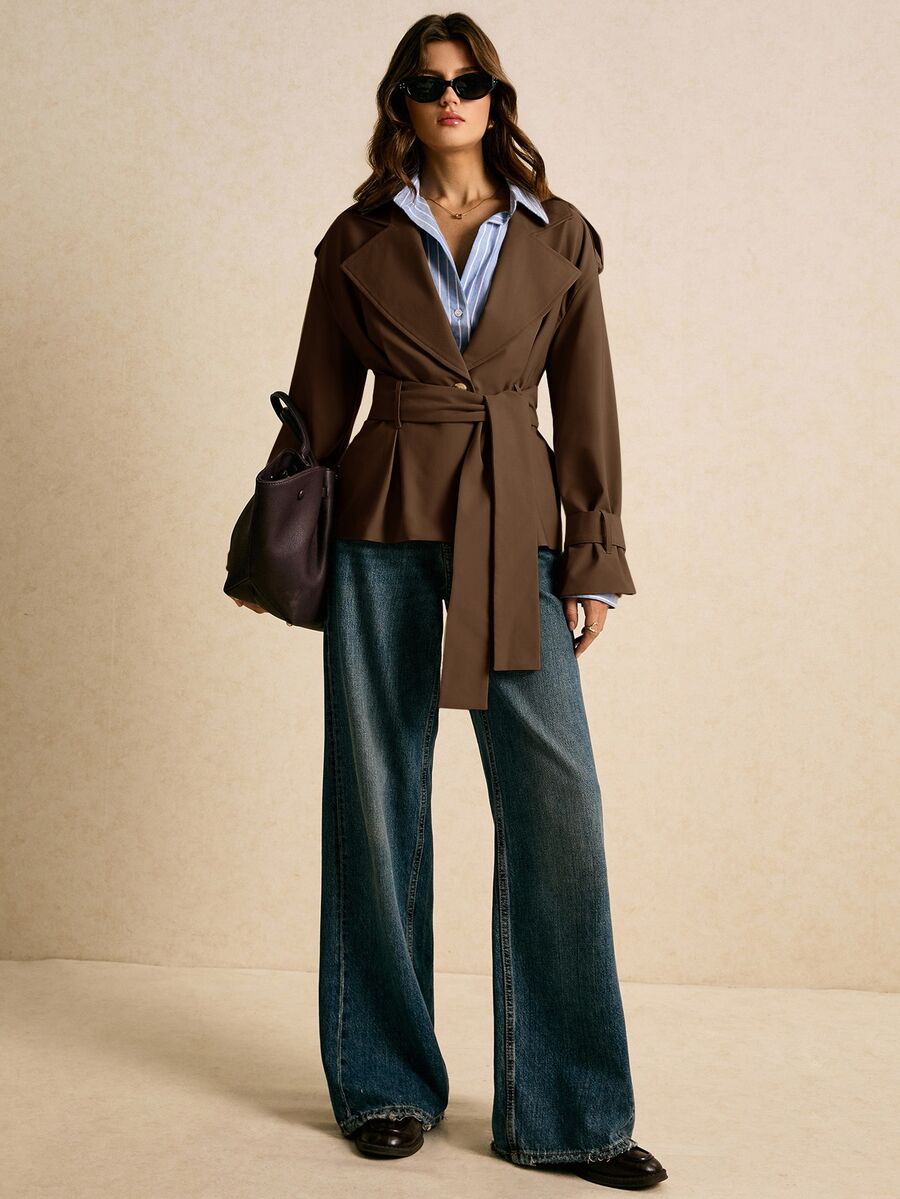 Poéselle Jaket Lengan Panjang Wanita Warna Polos Kasual Serbaguna untuk Sehari-hari - Coffee Brown - View 1