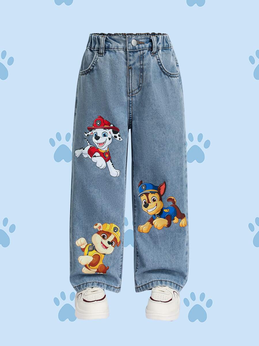 SHEIN | PAW Patrol Young Girl Cartoon Pattern Pocket Button Casual Daily Denim Jeans - Blue - View 1