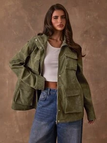 SHEIN BAE Jaket Utility PU Suede Imitasi Warna Hijau Zaitun, Kerah Tegak, Kancing Jepret, Tali Serut di Pinggang dengan Banyak Kantong Berpenutup, Mantel Kasual Gaya Jalanan untuk Musim Gugur dan Musim Dingin - Hijau Tentara - View 1
