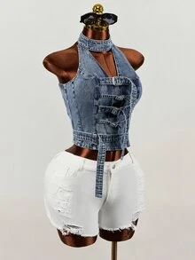 SHEIN Atasan Denim Wanita Model Halter Neck dengan Desain Gesper yang Dapat Diatur - Biru - View 5