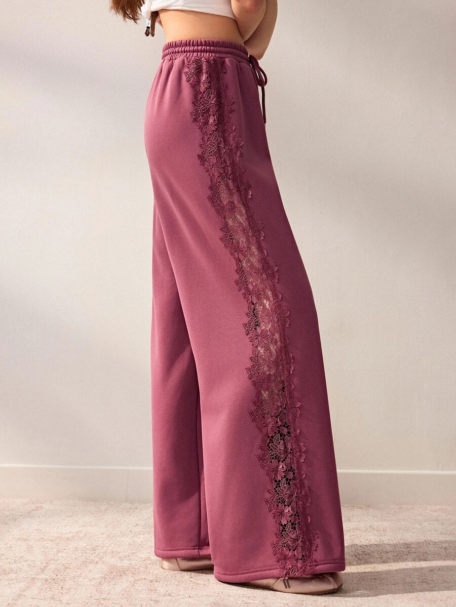 Willow Rêve Women's Purple Loose Straight Leg Patchwork Wide Leg Pants, Side Lace Trim With Drawstring Elastic Waist, Solid Color Casual Romantic Bohemian Style, Suitable For Autumn Vacation And Travel Outfits - Rose Red - View 1