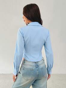 SHEIN PETITE 女款純色休閒百搭日常長袖襯衫 - 淺藍色 - 查看 2