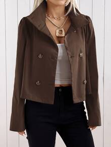 SHEIN EZwear 女款素色雙排扣長袖休閒風衣 - 棕色 - 查看 2
