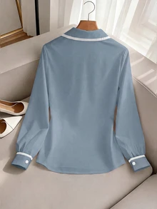 SHEIN Franclia 女款拼色休閒百搭日常穿著襯衫 - 霧霾藍 - 查看 2