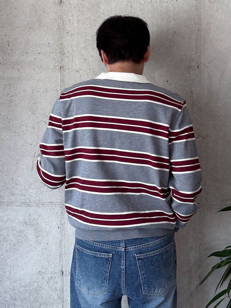 DAZY Men's Long Sleeve Grey & Burgundy Striped Contrast Collar Polo Sweater - Multicolor - View 2