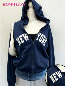 秋冬季青少年女孩英文印花連帽拉鍊外套－對比字母印花街頭風，防寒針織面料，適合秋冬穿著，微寬鬆版型預留成長空間，校園與街頭穿搭完美選擇，瞬間變身活力女孩！ - 藏蓝色 - 查看 3