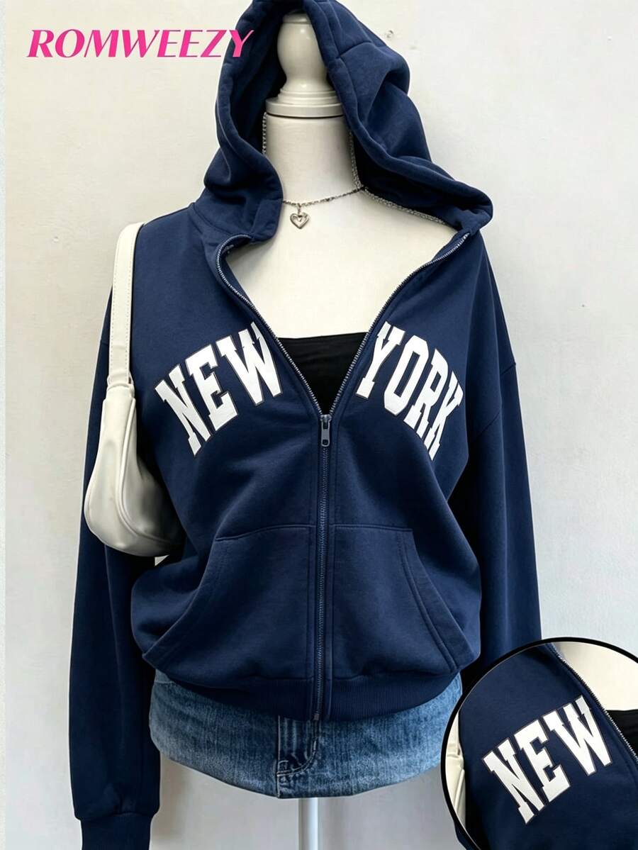 秋冬季青少年女孩英文印花連帽拉鍊外套-對比字母印花街頭風,防寒針織面料,適合秋冬穿著,微寬鬆版型預留成長空間,校園與街頭穿搭完美選擇,瞬間變身活力女孩! - 藏蓝色 - 查看 1