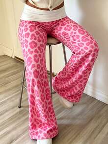 Sundraya Pink Leopard Print Low Waist Flared Casual Pants Y2K Retro Contrast Color Cuffed Elastic Flare Long Pants Sexy Slim Fit Leopard Print Knit Flared Long Pants - Multicolor - View 4