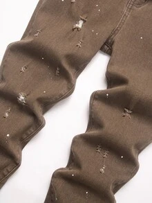 Tween Boy Fashion Casual Coffee Brown Paint-Stained Hole Distressed Stretchy Tight Jeans - Coffee Brown - View 4