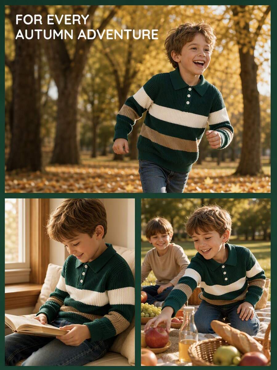 Genkimix Kids Baby Boy Autumn/Winter Fashion Striped Color Block Half-Button Knit Sweater Long Sleeve Shirt - Dark Green - View 1