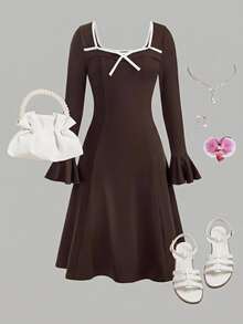 Girlism Kids Tween Girls Dresses Deep Coffee Brown Colorblock Bow Long Sleeve Dress, Suitable For Prom, Party, Holiday Occasions, Tea Party - Coffee Brown - View 3