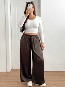 Shapeblank Plus-Size Women's Spring And Autumn Fashionable Casual Loose Comfortable Brown Satin Elastic Waist Wide-Leg Pants,Fall Outfits,Simple Style - Brown - View 9