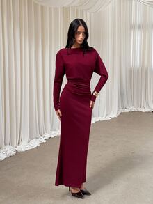 Aloruh Vestido largo de manga larga para mujer, nuevo para otoño/invierno, color rojo liso, versátil, elegante, intelectual, minimalista, para oficina y desplazamientos, con cintura ceñida, decoración plisada y corte sirena - Rojo - Ver 5