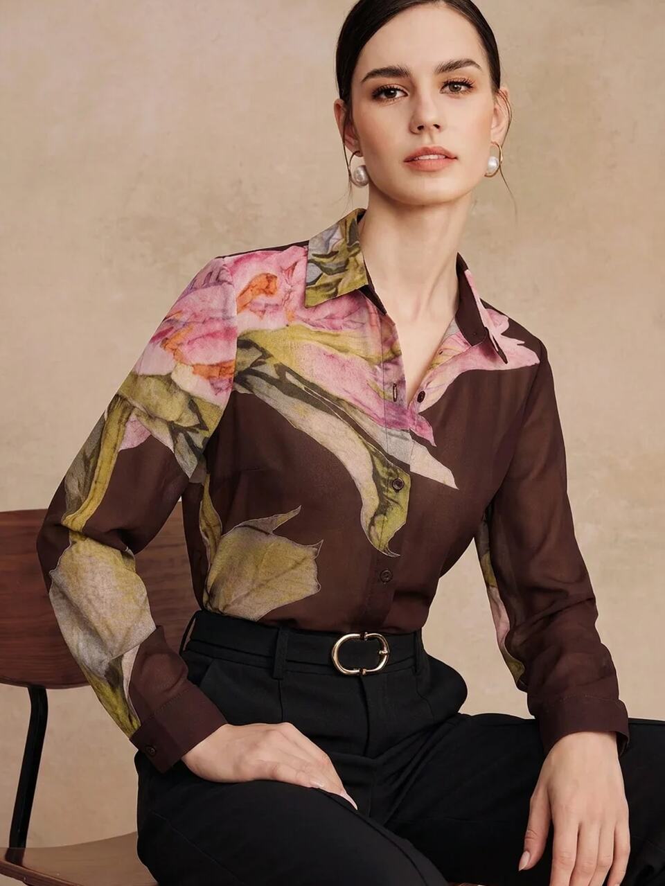 Anewsta Essential Spring/Summer New Elegant Fashion Floral Print Chiffon Long Sleeve Blouse For Women, Suitable For Outings, Parties Office Brunch, Holidays, Vacation