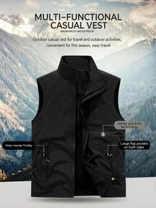 Gym Rark Men's All-Season Casual Outdoor Sports Vest With Built-In Pockets, American Style Hiking Jacket - Black - View 1