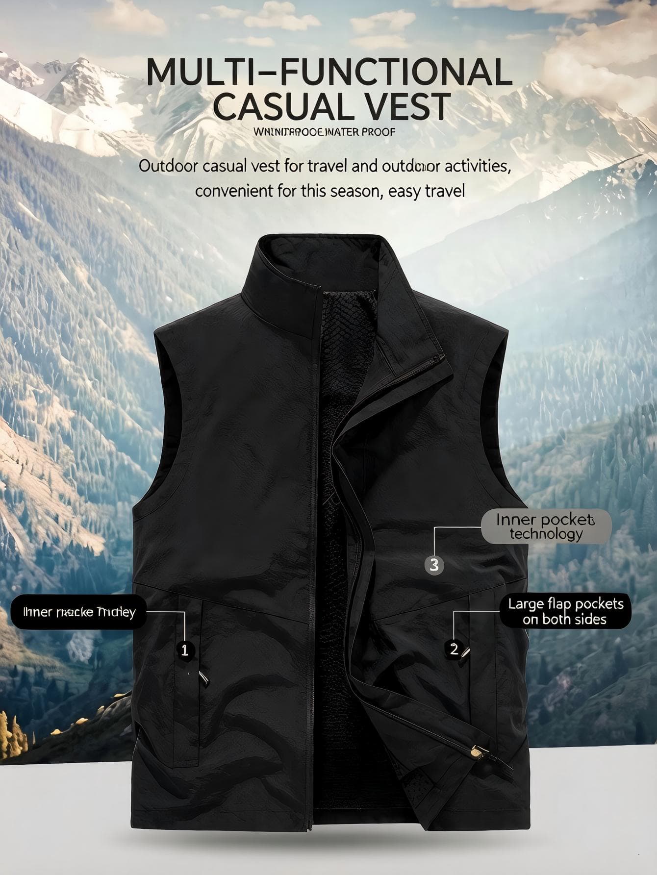 Gym Rark Men's All-Season Casual Outdoor Sports Vest With Built-In Pockets, American Style Hiking Jacket - Black - View 1