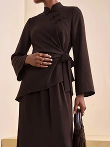 Zivah Women's Solid Color Frog Button Design Shirt And Skirt Elegant 2 Pieces Set - Brown - View 3