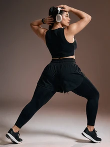 Powerista Women's Black 2 In 1 Plus Size Sports Leggings - Black - View 7