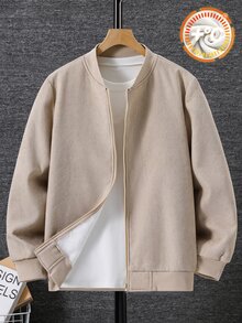 SHEIN 青少年男孩燈芯絨羊羔絨內裡拉鍊棒球夾克 卡其色 - 卡其色 - 查看 6