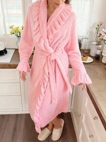 Snug Reverie Vintermorgonrock i plysch med lång ärm och volangkant - Rosa - Visa 3