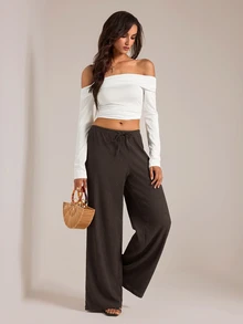 SHEIN Tall Women's Solid Color Tie Waist Wide Leg Loose Casual Versatile Pants - Brown - View 3