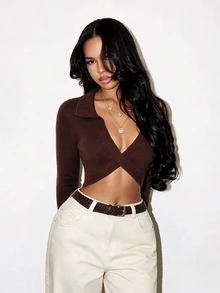 BamGleam Atasan Crop Top Rajut Ribbed Slim Fit Lengan Panjang Berkerah Simpul Silang Warna Cokelat Vintage, Gaya Seksi, Pinggang Tinggi - Coklat - View 5