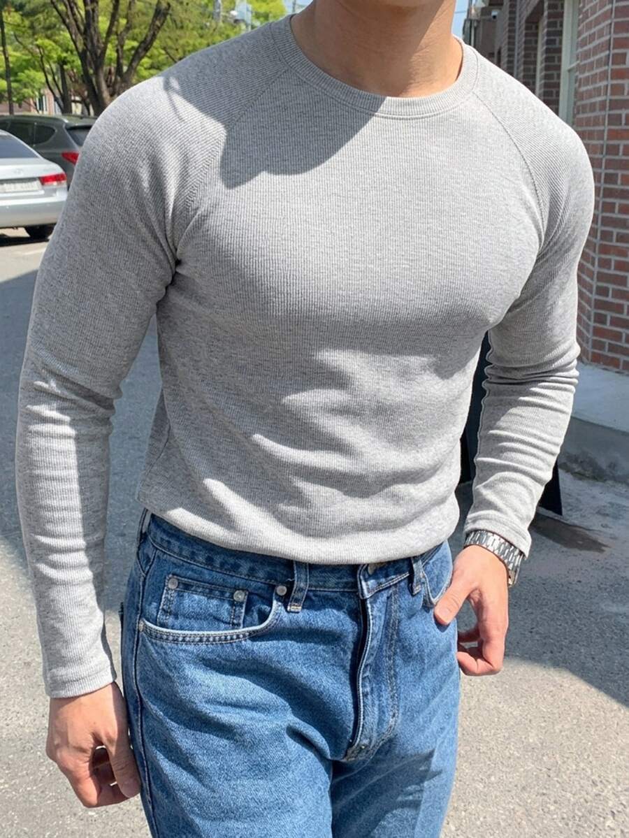 DAZY Spring/Autumn Solid Gray Raglan Sleeve Fitted Elastic Fabric Men's T-Shirt - Grey - View 1