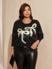 Comfylo Plus Size Women's Sequin Bow Embroidery Round Neck Long Sleeve Sweater - Black - View 4