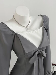 Elamini 女款假領拼接休閒可愛優雅日常秋季短洋裝，深灰色畢業禮服，適合日常約會 - 灰色 - 查看 4