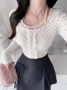 FRIFUL Women's Polka Dot Print Frill Trim Single-Breasted Halter Neck T-Shirt Fall - White - View 6