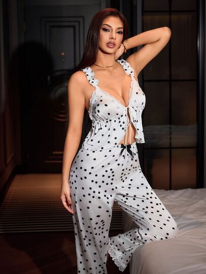 SilkySpell French Girl Style Lace Trim Satin Black & White Polka Dot Camisole Long Pants Loungewear