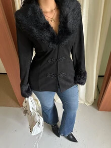 GalTyme Plus Size Women's Fuzzy Patchwork Casual Versatile Daily Long Sleeve Jacket Winter - Black - View 5