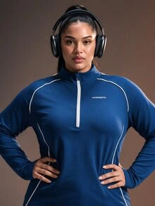 Powerista Women's Plus Size Navy Blue Color Performance Sports Jacket Flexible Zip Stand Collar With White Stripes For Running And Training - Navy Blue - View 7