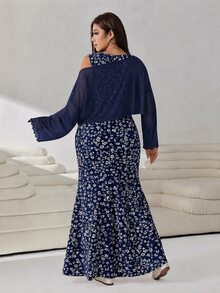 Solflare Casual Women Plus Size Floral Print Dress With Asymmetric Neck Top Set - Navy Blue - View 2