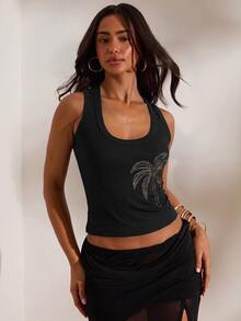 Opulessa Casual Solid Color Knitted Slim Fit Women's Tank Top - Black - View 2