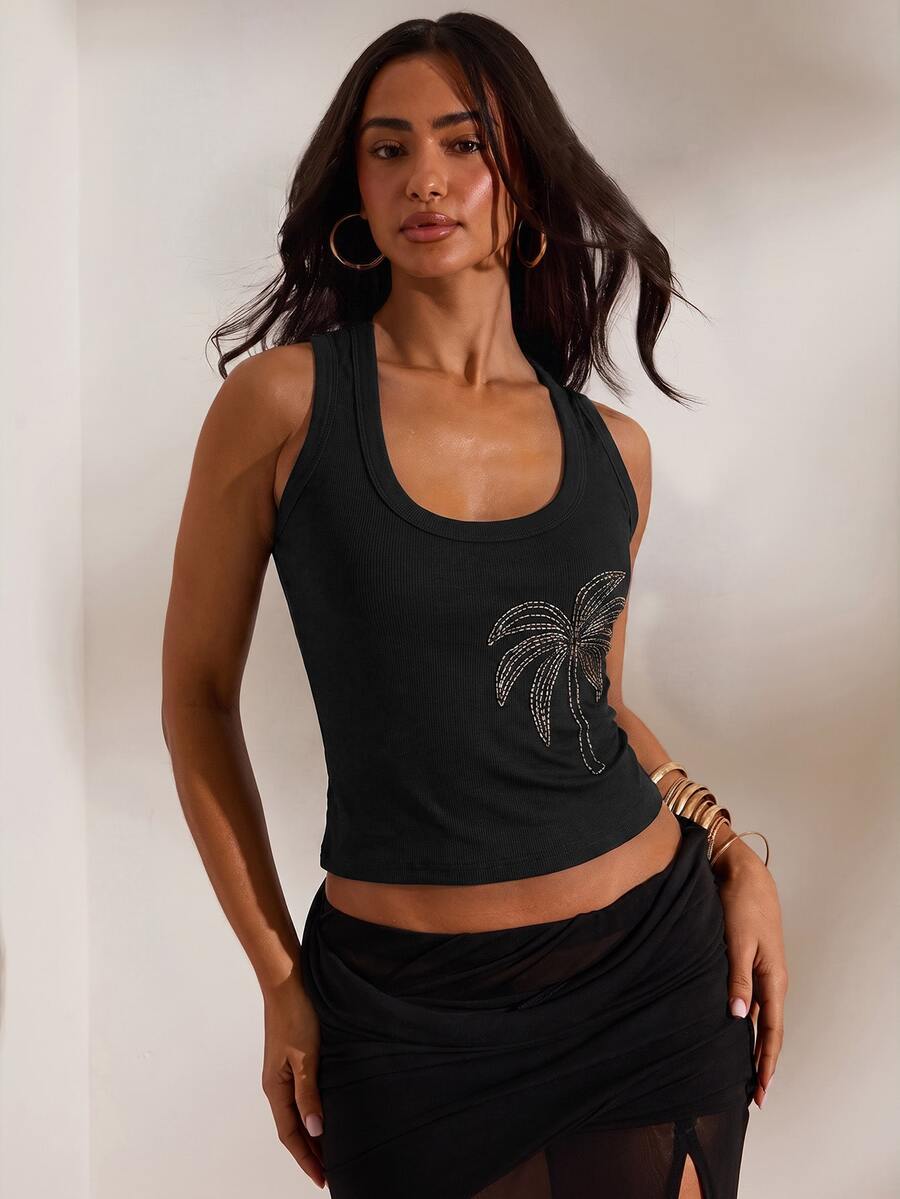 Opulessa Casual Solid Color Knitted Slim Fit Women's Tank Top - Black - View 1