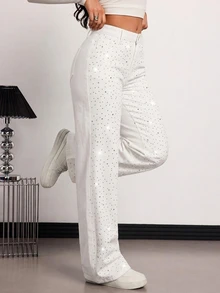 SHEIN Tall 女款直筒寬鬆休閒牛仔褲，附口袋與水鑽裝飾 - 白色 - 查看 7