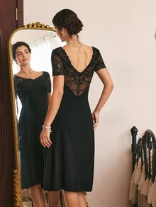 Côtesoire Women's French Elegant Lace Long Nightgown - Black - View 6