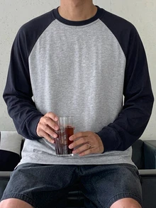 DAZY 春秋款海軍藍與灰色花卉插肩袖拼接撞色韓版男士長袖T恤 - 淺灰色 - 查看 6