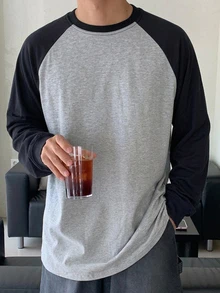 DAZY 春秋款海軍藍與灰色花卉插肩袖拼接撞色韓版男士長袖T恤 - 淺灰色 - 查看 1