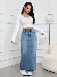 Rivivi Summer New Refreshing Loose Plus Size Denim Split Long Skirt - Blue - View 5