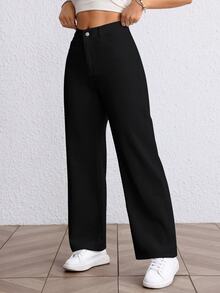 Flexra Tall Fashionable Versatile Solid Color High-Waist Straight Leg Jeans - Black - View 3
